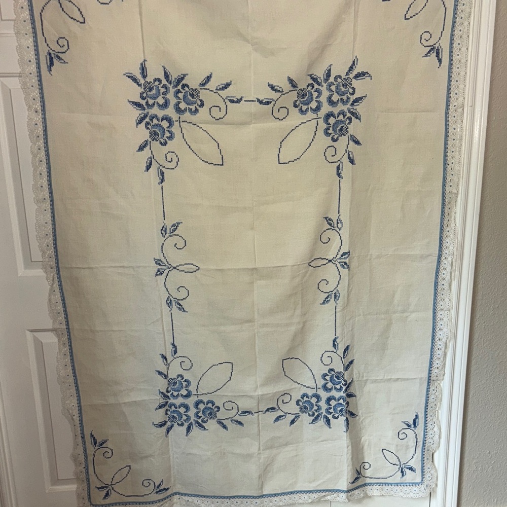 Elegant Blue Floral Cross Stitched Tablecloth 54” x 70”